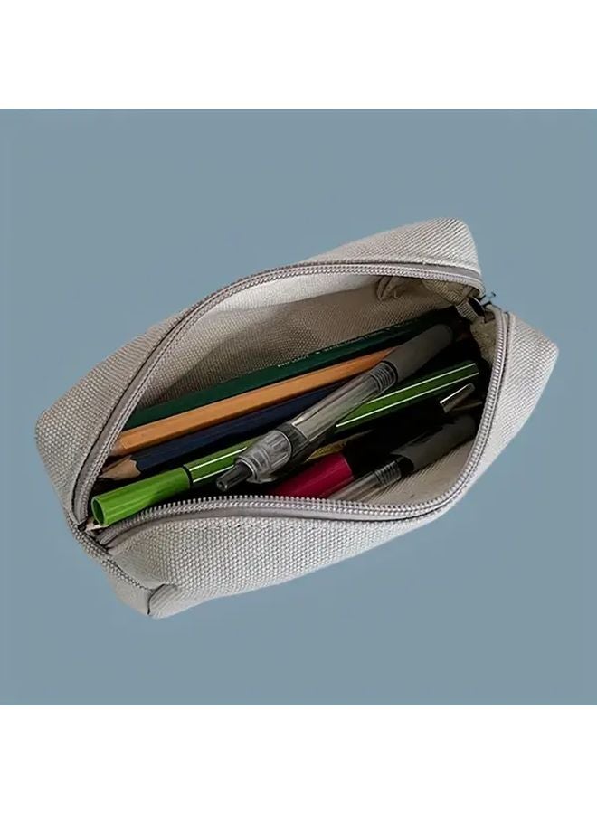 Grey Canvas Pencil Case With Zipper And Ring Handle For School Office Storage - Image 4